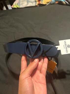Valentino by Mario Valentino Midnight Blue Leather Tonal V-Logo Belt